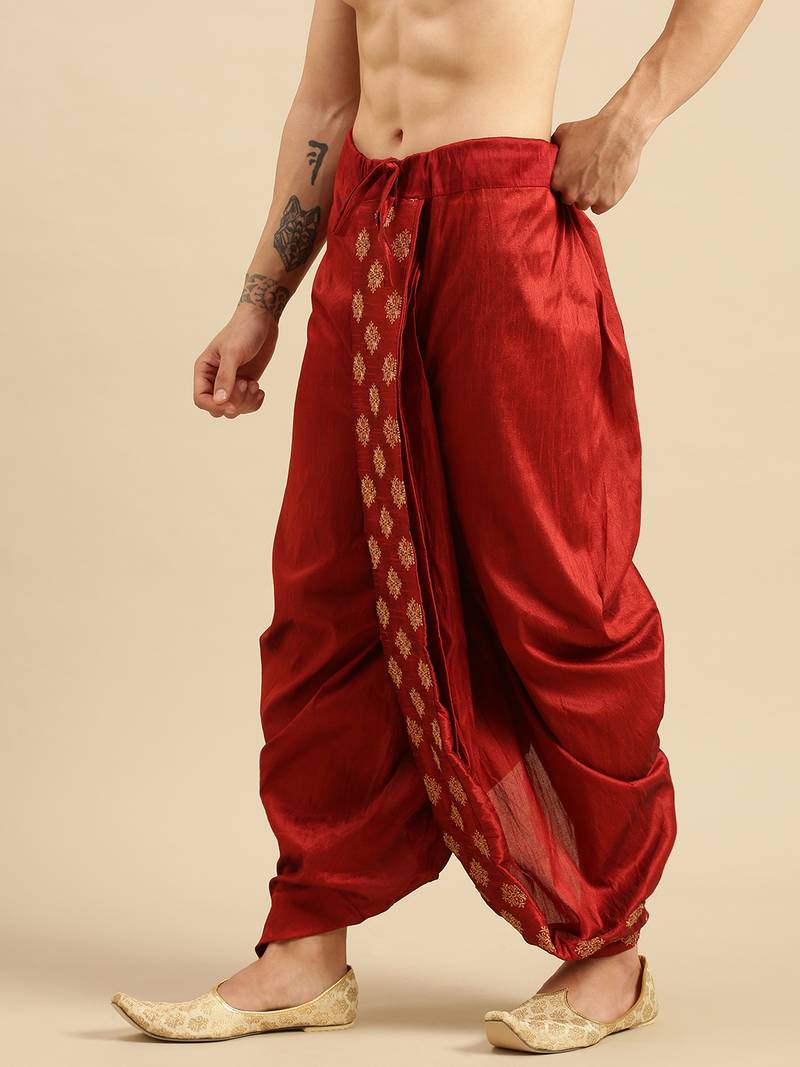 men's traditional red coloured embroidered art silk dhoti