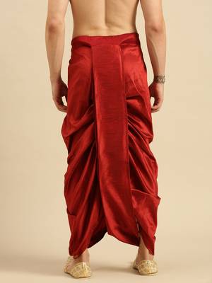 men's traditional red coloured embroidered art silk dhoti 3