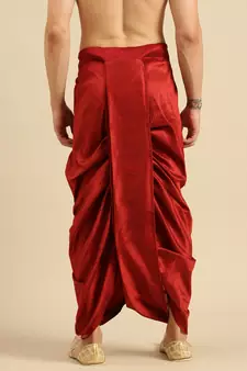men's traditional red coloured embroidered art silk dhoti