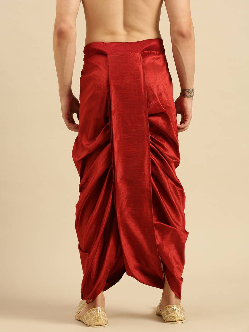 men's traditional red coloured embroidered art silk dhoti
