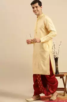 men's traditional red coloured embroidered art silk dhoti