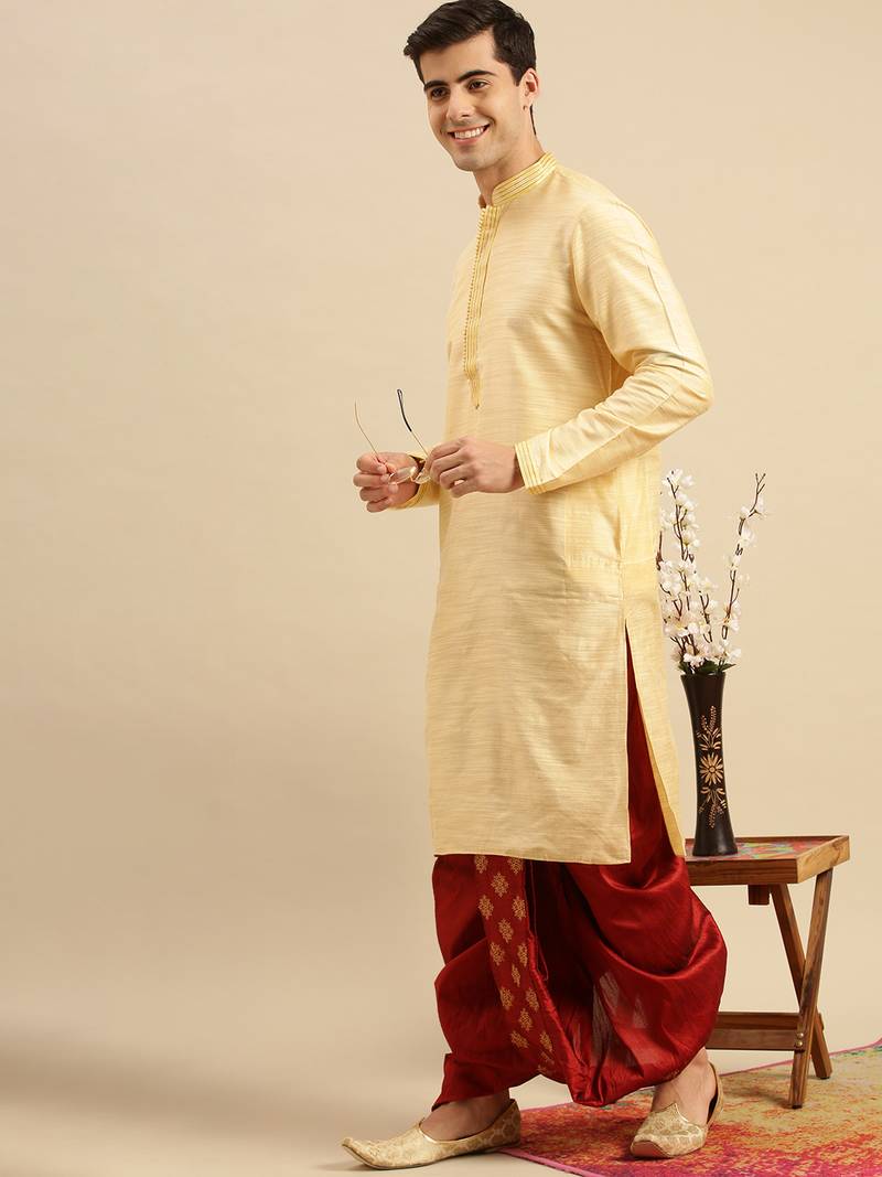 men's traditional red coloured embroidered art silk dhoti