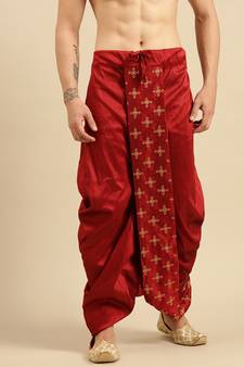Sanwara Men's Traditional Red Coloured Embroidered Art Silk Dhoti