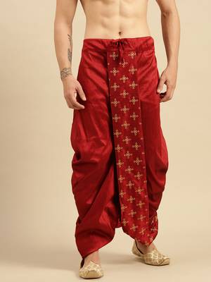 Sanwara Men's Traditional Red Coloured Embroidered Art Silk Dhoti 1
