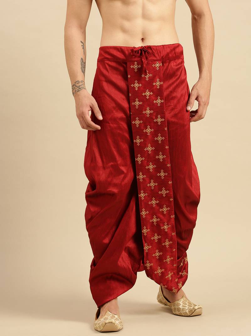 Sanwara Men's Traditional Red Coloured Embroidered Art Silk Dhoti