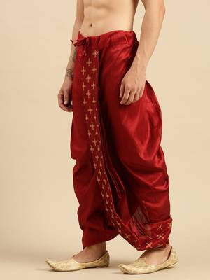 Sanwara Men's Traditional Red Coloured Embroidered Art Silk Dhoti 2