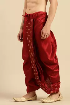 Sanwara Men's Traditional Red Coloured Embroidered Art Silk Dhoti