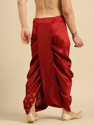Sanwara Men's Traditional Red Coloured Embroidered Art Silk Dhoti 3