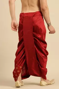 Sanwara Men's Traditional Red Coloured Embroidered Art Silk Dhoti