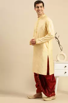 Sanwara Men's Traditional Red Coloured Embroidered Art Silk Dhoti
