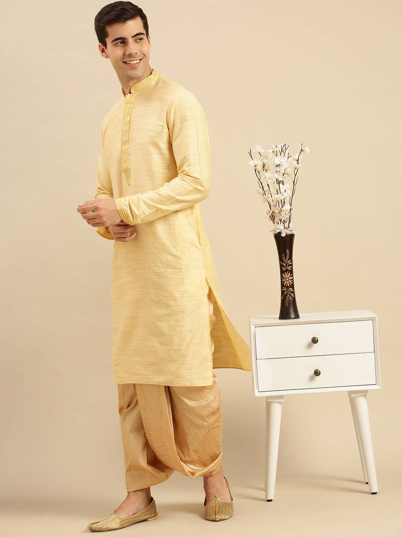 Sanwara Men's Traditional Deep Beige Coloured Plain Art Silk Dhoti