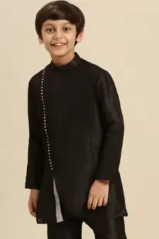 Sanwara Solid Black Art Silk Kurta For Boys