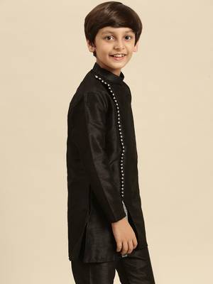 Solid Black Art Silk Kurta For Boys 2