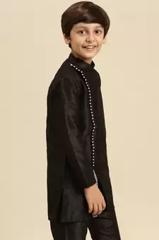 Solid Black Art Silk Kurta For Boys