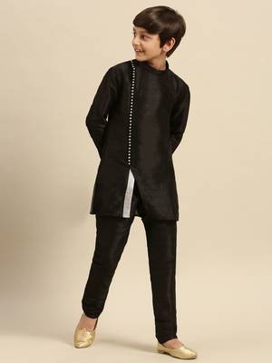 Solid Black Art Silk Kurta For Boys 4
