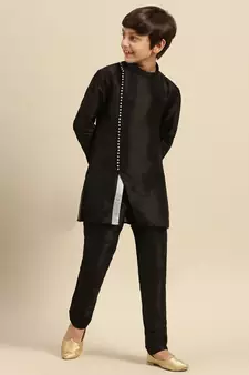Solid Black Art Silk Kurta For Boys