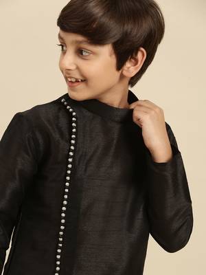 Solid Black Art Silk Kurta For Boys 6