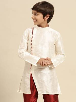 Solid Cream Art Silk Kurta For Boys 1