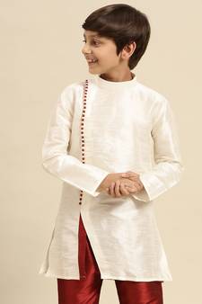 Sanwara Solid Cream Art Silk Kurta For Boys