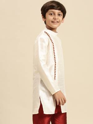 Solid Cream Art Silk Kurta For Boys 2