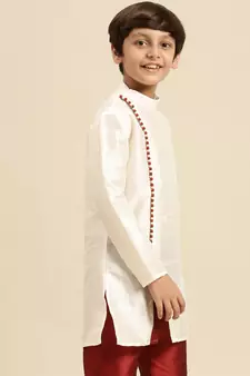 Solid Cream Art Silk Kurta For Boys