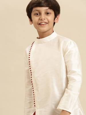 Solid Cream Art Silk Kurta For Boys 6