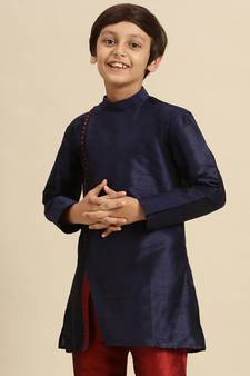 Sanwara Solid Blue Art Silk Kurta For Boys
