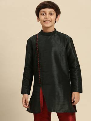 Solid Fourleaf Green Art Silk Kurta For Boys 1