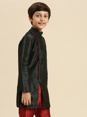 Solid Fourleaf Green Art Silk Kurta For Boys 2