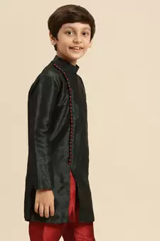 Solid Fourleaf Green Art Silk Kurta For Boys