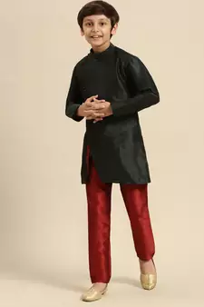 Solid Fourleaf Green Art Silk Kurta For Boys