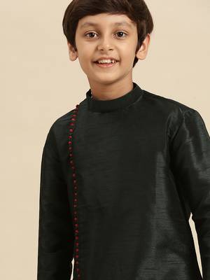 Solid Fourleaf Green Art Silk Kurta For Boys 6