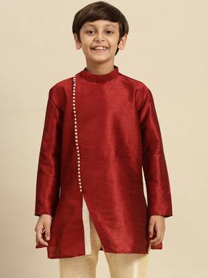 Solid Red Art Silk Kurta For Boys 1