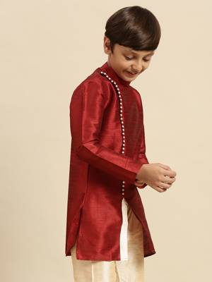 Solid Red Art Silk Kurta For Boys 2
