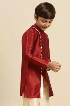 Solid Red Art Silk Kurta For Boys