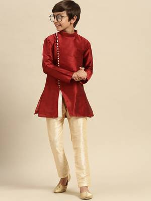 Solid Red Art Silk Kurta For Boys 3
