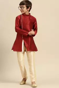 Solid Red Art Silk Kurta For Boys