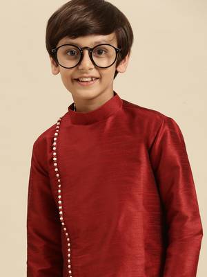 Solid Red Art Silk Kurta For Boys 4