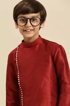 Solid Red Art Silk Kurta For Boys