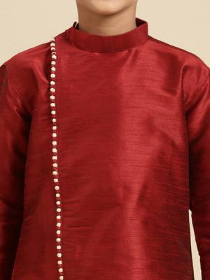Solid Red Art Silk Kurta For Boys 5