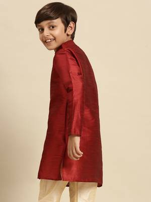 Solid Red Art Silk Kurta For Boys 6