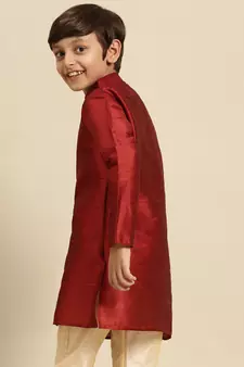 Solid Red Art Silk Kurta For Boys