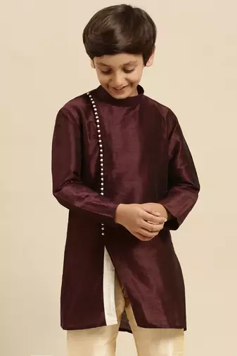 Sanwara Solid Wine Art Silk Kurta For Boys