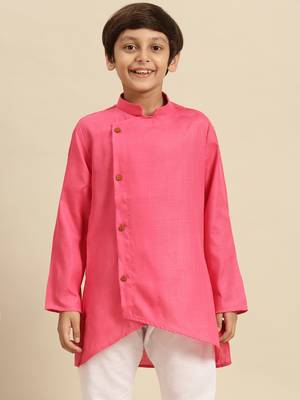Solid Pink Cotton Kurta For Boys 1