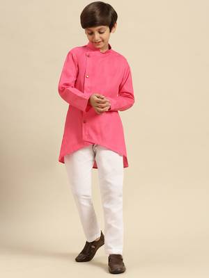 Solid Pink Cotton Kurta For Boys 4