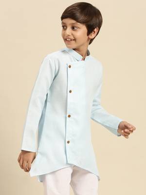 Solid Sky Blue Cotton Kurta For Boys 2