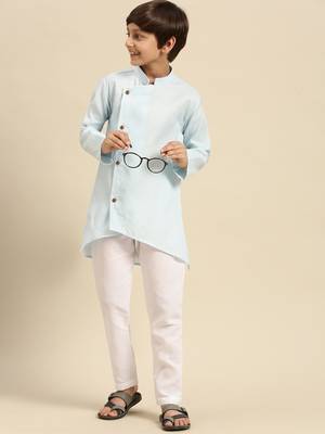 Solid Sky Blue Cotton Kurta For Boys 3