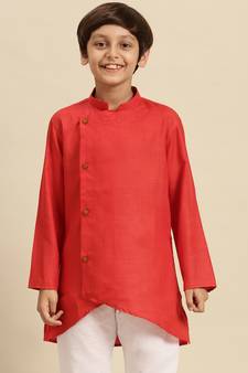 Sanwara Solid Tomato Red Cotton Kurta For Boys