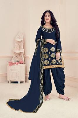 Blue Embroidered Real Mirror Works Cotton Salwar Semi Stitched 1