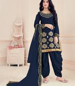 Blue Embroidered Real Mirror Works Cotton Salwar Semi Stitched